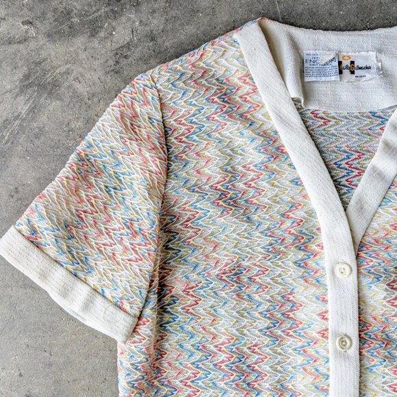 Vintage Marty Gutmacher White Blue Red Chevron Stripe Short Sleeve Knit Shirt - Picture 2 of 8